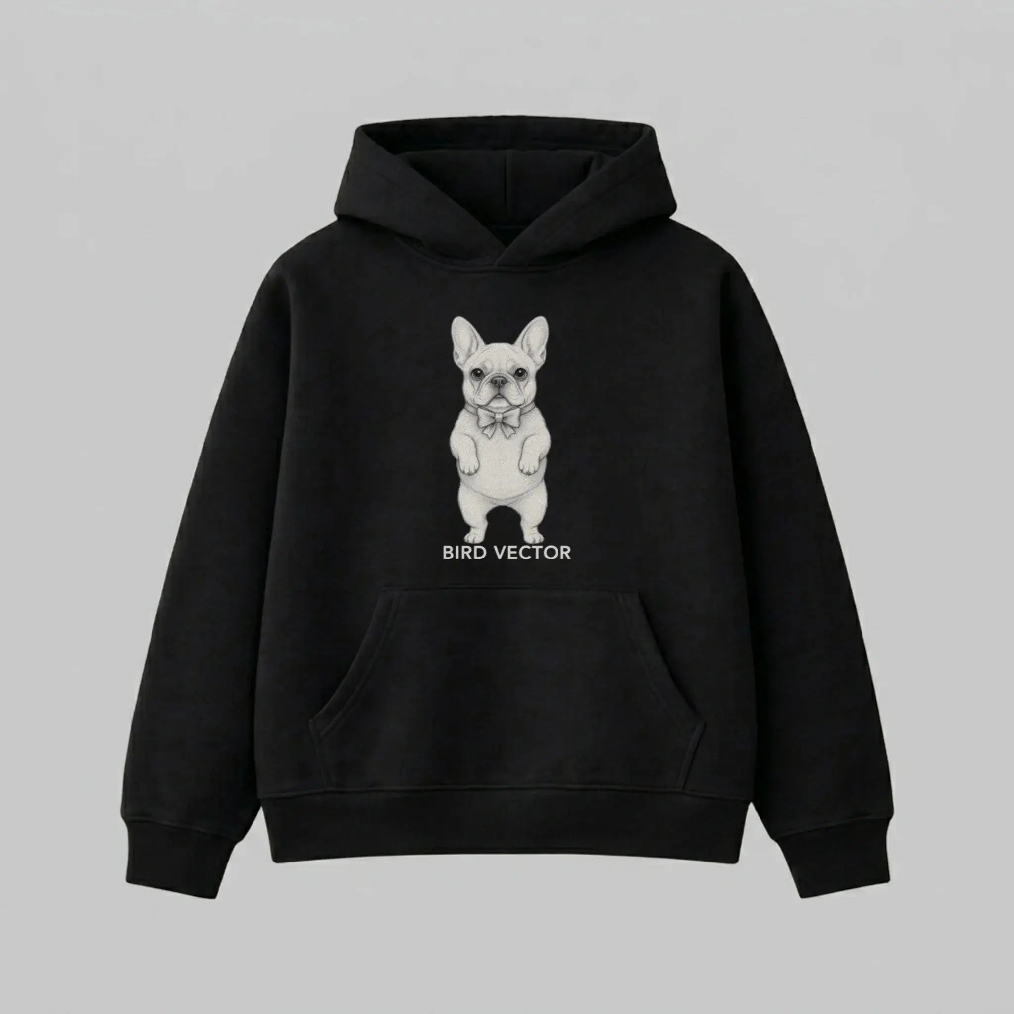 Anatomical french dog specimen graphic printed on a black heavy weight oversized hoodie by Bird Vector Misfit Label.