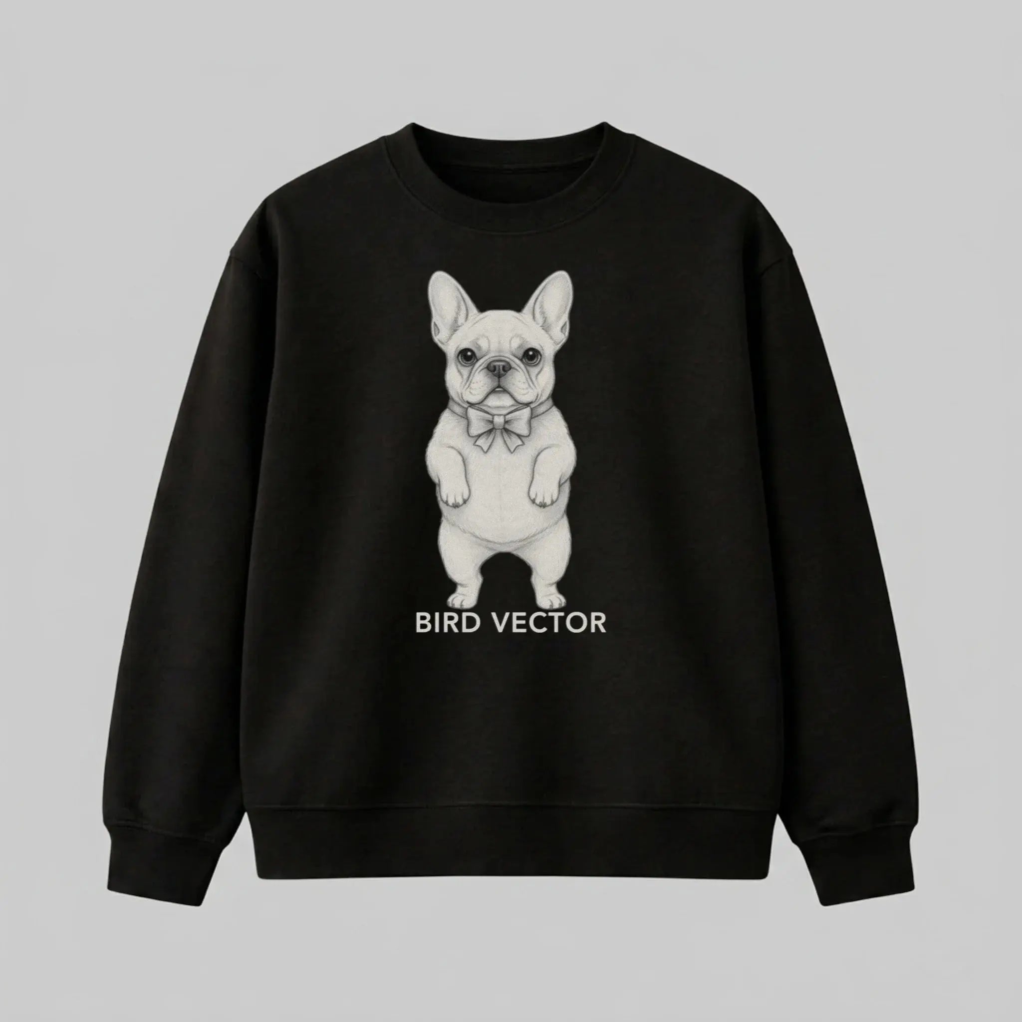 Anatomical french dog specimen graphic printed on a black heavy weight oversized Sweatshirt by Bird Vector Misfit Label.
