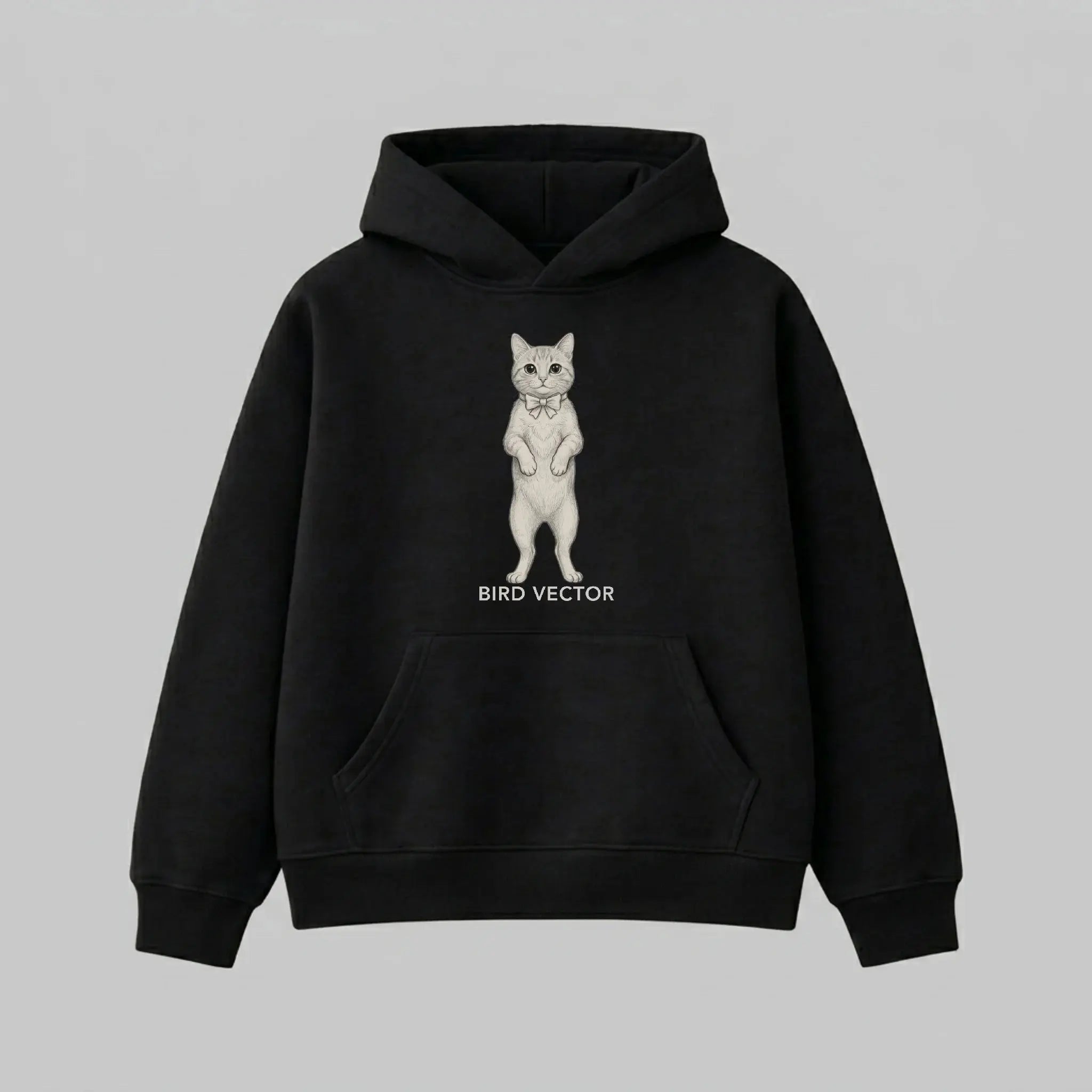 Anatomical cat specimen graphic printed on a black heavy weight oversized hoodie by Bird Vector Misfit Label.