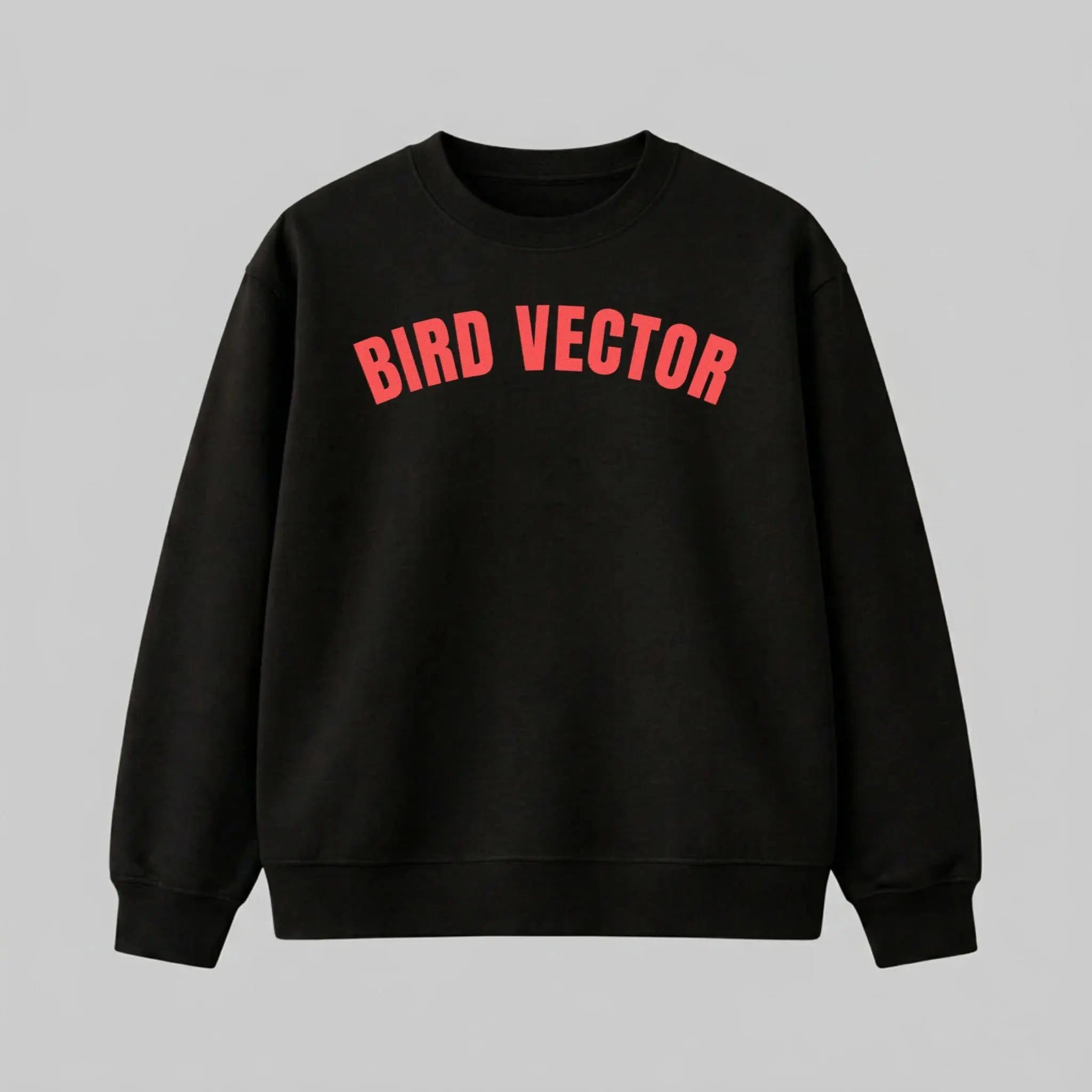 Bird Vector brand black collegiate crewneck sweatshirt with red graphic text.