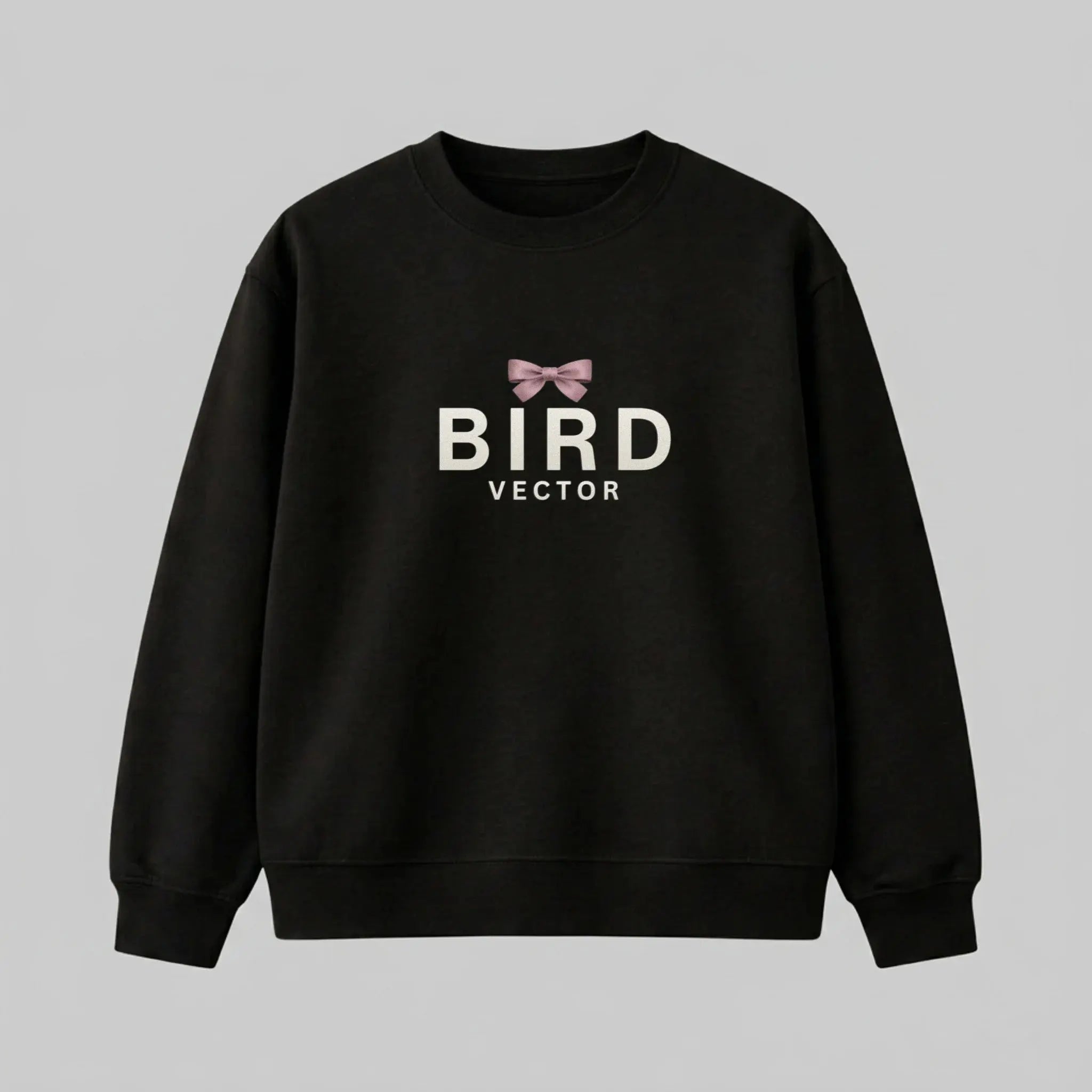 Mauve ribbon bow graphic on a black heavyweight sweatshirt. 350gsm organic ringspun cotton crewneck featuring BIRD VECTOR minimalist text branding.